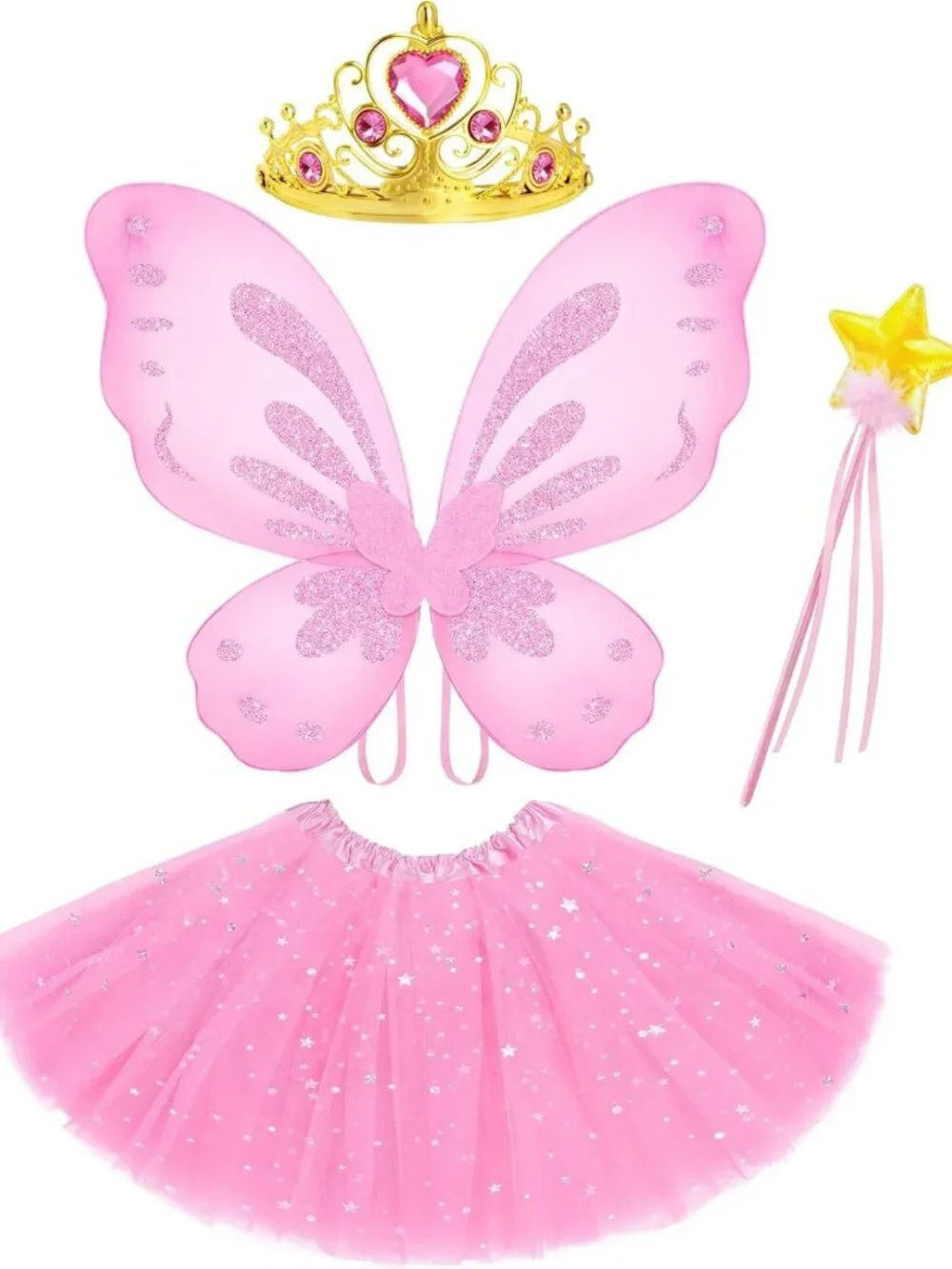 4 Pcs Fairy Costume Set for Girls - Butterfly Wings, Tutu Skirt, Wand & Crown